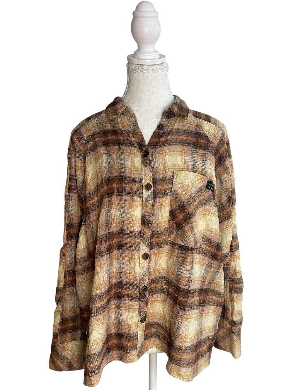 UO BDG Brendon Plaid Button-Up Shirt Yellow Brown